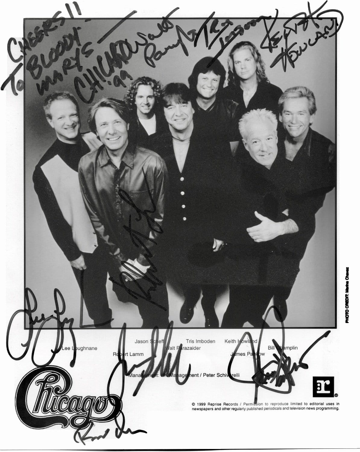 Photo promotionnelle dédicacée du groupe Chicago avec la mention To Bloody Mary's, 1999.