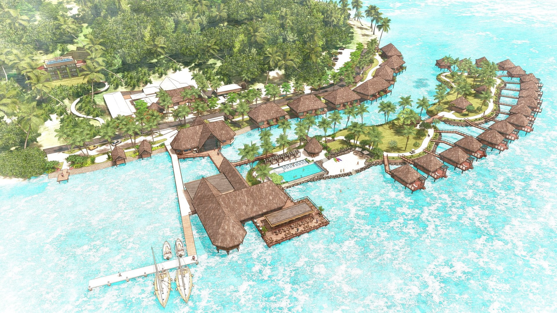 Aerial perspective of Bloody Mary's bungalow compound and walkways tracing Bora Bora's shoreline