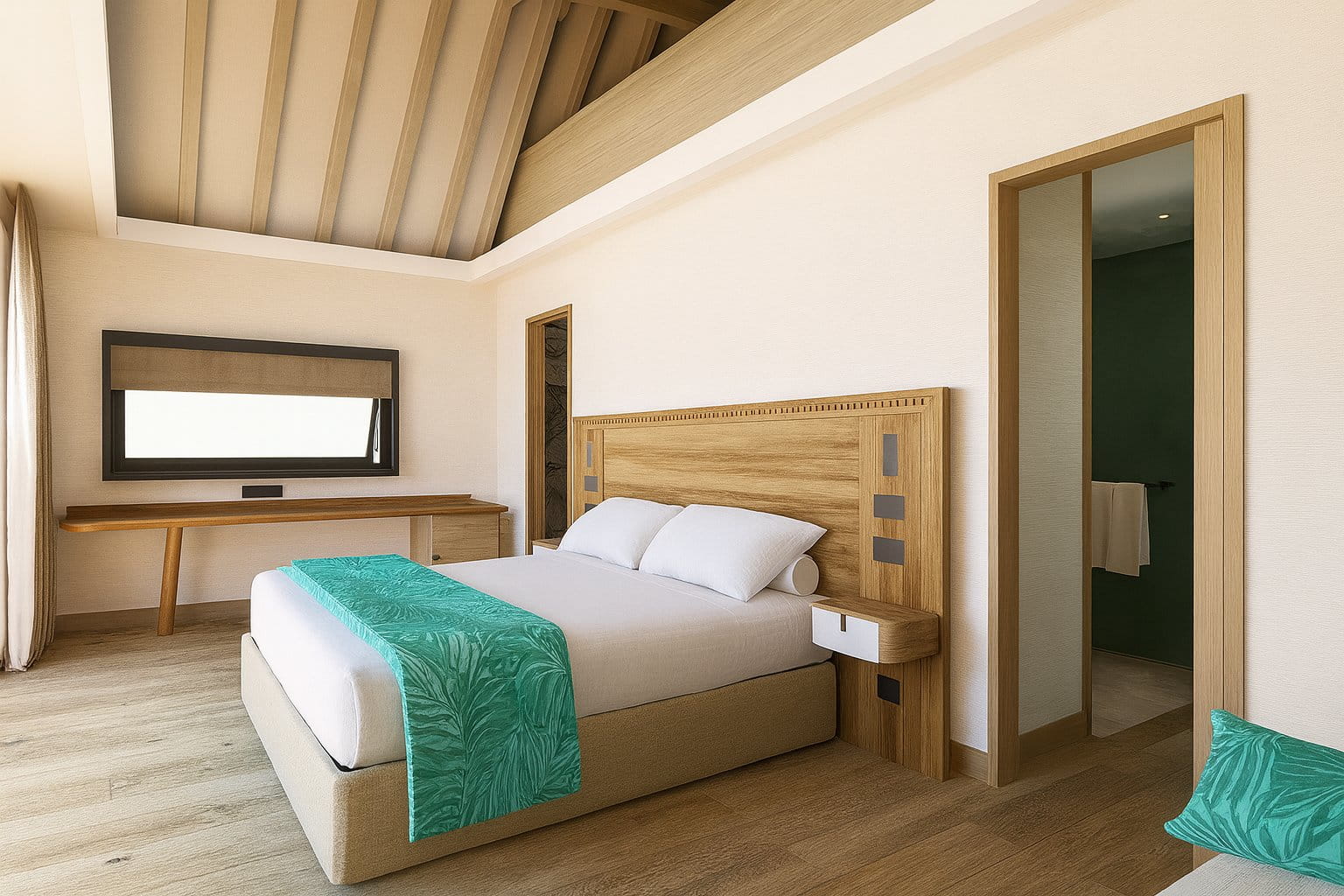 Intérieur de chambre de suite avec linge blanc, bois et textiles à motifs tropicaux bleus-verts.